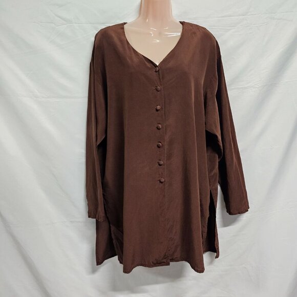 Diane Von Furstenberg Button Up Brown Satin Silk Top Blouse Shirt Women Size L - Picture 3 of 13